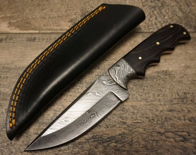 HTS 84w African Wenge Skinner / 3.5" Blade / Hand Crafted and Hand Forged/ Damascus Steel / Fire Pattern