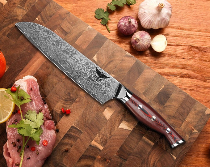HTC-9 - VG10 Sanmai Stainless Damascus ǁ Santuko 8" Chef Knive ǁ Ergonomic ǁ Professional Chef ǁ Sharp & Holes Edge