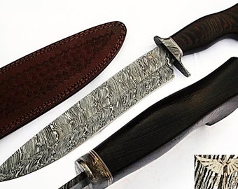 HTS-508  Damascus Knife custom handmade Bowie / WENGE Hardwood Handle / Damascus Fittings