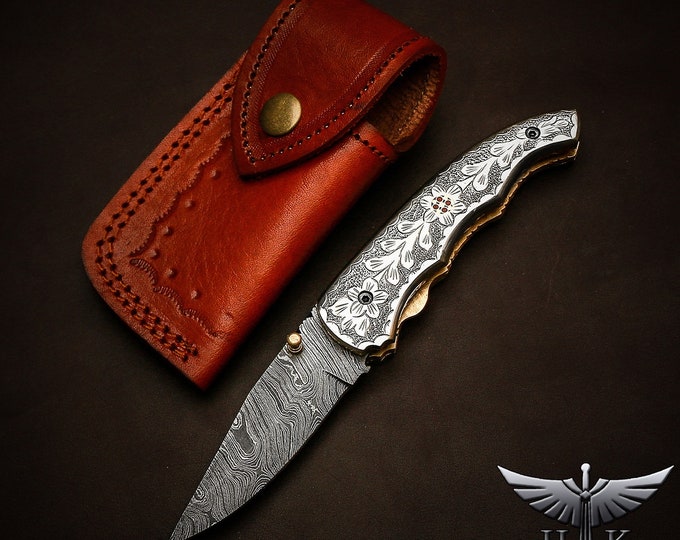 HTK2157  Damascus Knife Custom Handmade Liner Lock Pocket knife Folder / White Copper Handle