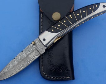 HTK-11 Damascus Folder / Hand Made / Custom / Forged Damascus handle / Bull Horn / Pocket Knife