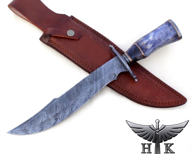 HTK1027 Damascus Knife Custom Handmade Bowie / Color Camel Bone Handle / Damascus Fittings