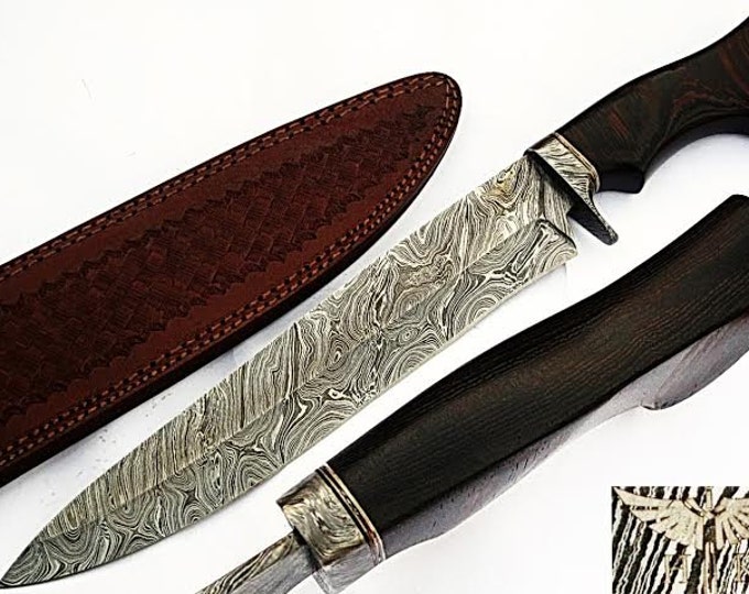HTS-507  Damascus Knife custom handmade Bowie / WENGE Hardwood Handle / Damascus Fittings