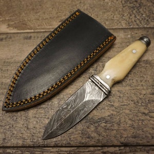 HTS 400b Bone BOOT KNIFE / 3&quot; Blade / Hand Crafted and Hand Forged/ Damascus Steel / Fire Pattern / Clip Sheath