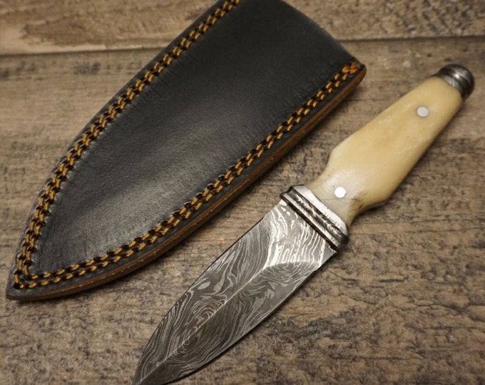 HTS 400b Bone BOOT KNIFE / 3" Blade / Hand Crafted and Hand Forged/ Damascus Steel / Fire Pattern / Clip Sheath