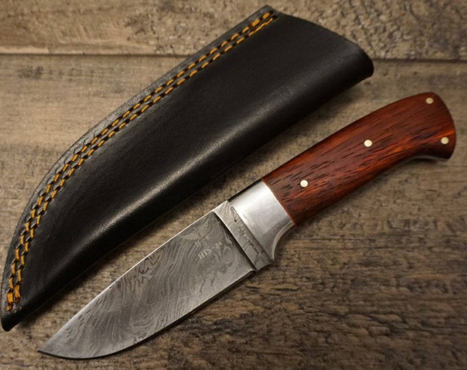 HTS 84p Paduk Wood Skinner / 3.5" Blade / Hand Crafted and Hand Forged/ Damascus Steel / Fire Pattern