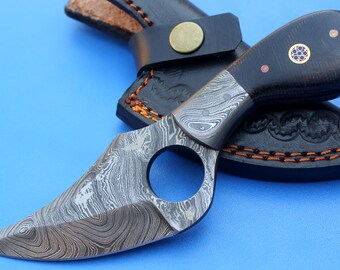 HT-5  Damascus Knife custom handmade Skinner Knife / Black handle / Quality Work
