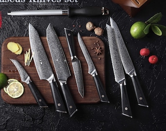 HTC-17 || VG10 Damascus Knife set || Bamboo Box || Stainless Damascus|| Professional  Chef Knife Set || Quality