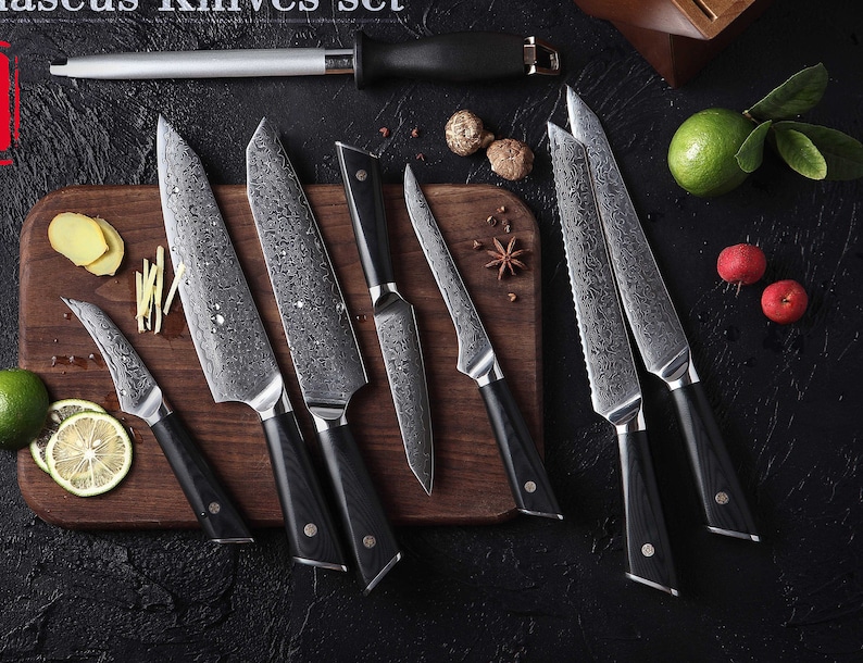 HTC-17 VG10 Damascus Knife set Bamboo Box Stainless Damascus Professional Chef Knife Set Quality image 1