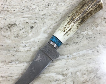 HTKVN-51  Damascus Skinner Custom handmade Knife / Whitetail Stag / Twist Pattern / Great quality / Camping / Hunting / Turquoise