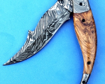 HTK-207 Damascus knife  Custom Hand Made / Olive Wood handle / Damascus steel bolster / Liner Lock
