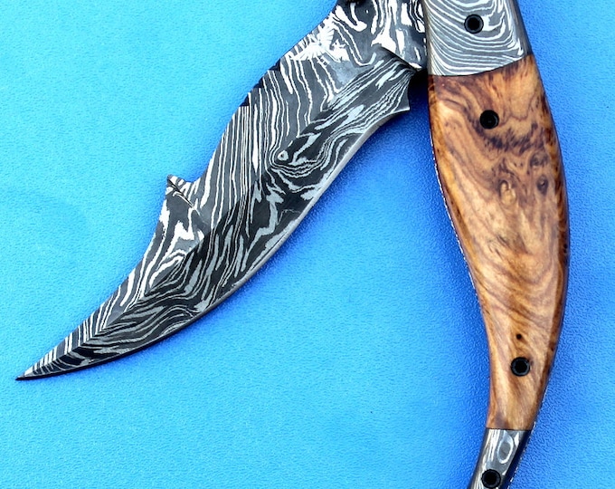 HTK-207 Damascus knife  Custom Hand Made / Olive Wood handle / Damascus steel bolster / Liner Lock