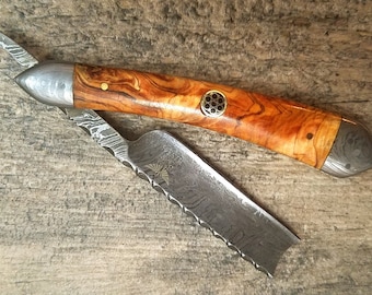 HTS-93 Damascus Straight Razor  / Shave / Handmade / Custom / Forged / Paduk Handle / Hand Filed Spine / Utility