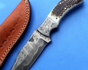 HT-34  Damascus Knife custom handmade Skinner Knife / Stag Horn / Sanmai Pattern / Great quality / Camping / Hunting