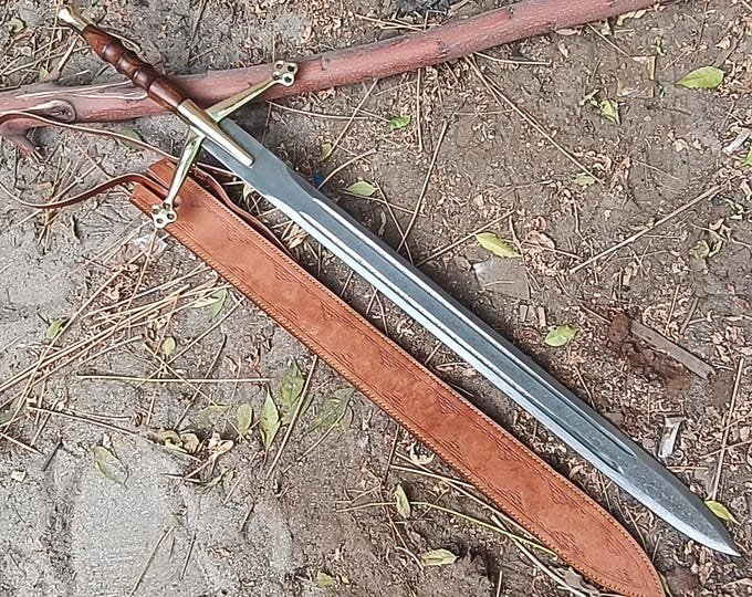Handcrafted Medieval Sword with Ornate Hilt and Leather Scabbard