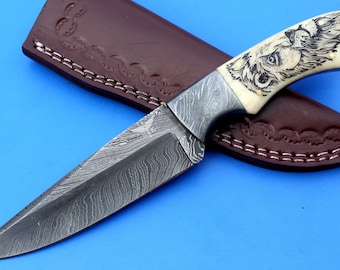 HTK - 213 Damascus  Knife / Custom / Hand Made  / Skinner / Hunting / Camping / Camel Bone Handle / Scrimshaw Art Work / Feather Pattern