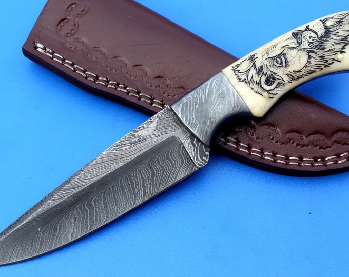 HTK - 213 Damascus  Knife / Custom / Hand Made  / Skinner / Hunting / Camping / Camel Bone Handle / Scrimshaw Art Work / Feather Pattern