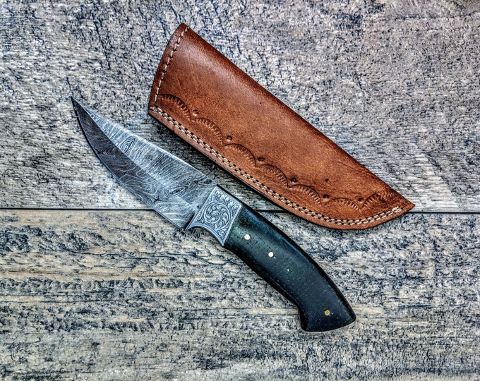 HTSE-15 / Damascus Skinner / HAND ENGRAVED Bolster / Exceptional Art / Hometown Knives / Metal Engraving