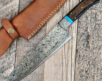 HTS475 Damascus 13" CHEF Knife // Turquoise Stone with Black Micarta Handle // Professional Grade // Sharp and Functional