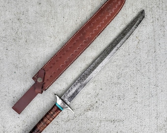 HTSWD1 // Katana Sword // Raindrop Sanmai Damascus // Wakizashi // Hand Forged // High Carbon Core // Leather Sheath