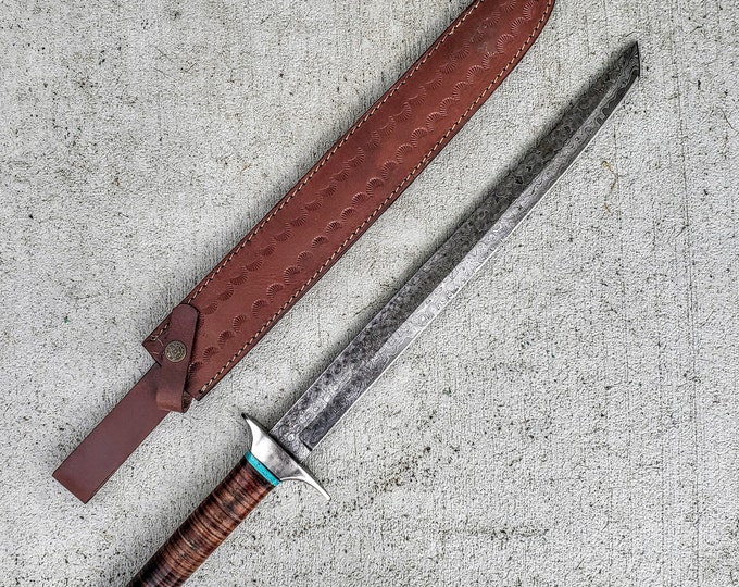 HTSWD1 // Katana Sword // Raindrop Sanmai Damascus // Wakizashi // Hand Forged // High Carbon Core // Leather Sheath