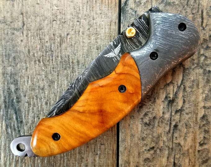 HTS-60E Damascus Folder / Handmade / Custom / Olive Wood handle / Damascus steel bolster / Liner Lock / Lanyard Extension /