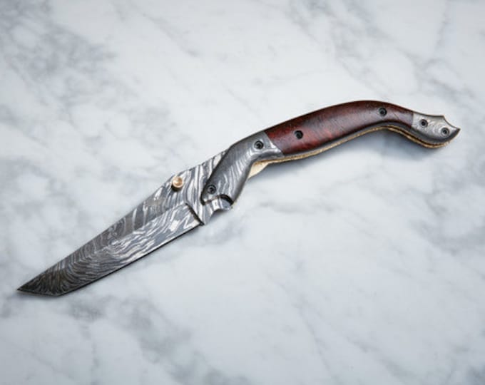 HTK-146T / Tanto Navajo Damascus Handmade Folder / Pocket knife / Custom / Rosewood handle / Damascus steel bolster / Liner Lock