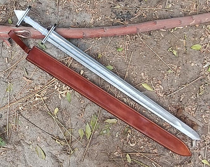 Handcrafted Medieval Sword with Ornate Hilt and Leather Scabbard