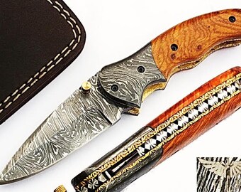 HTS-60 Damascus Folder / Hand Made / Custom / Olive Wood handle / Damascus steel bolster / Liner Lock