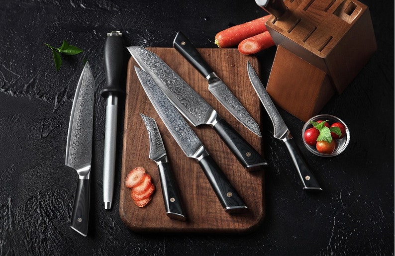 HTC-17 VG10 Damascus Knife set Bamboo Box Stainless Damascus Professional Chef Knife Set Quality image 6