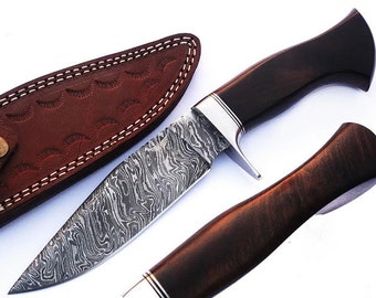 HTS-63 Damascus Knife Custom Handmade  Bowie / Rose wood Handle / Steel Fittings / Well Balanced / Hunter / Camping / Field Use / Bushcraft