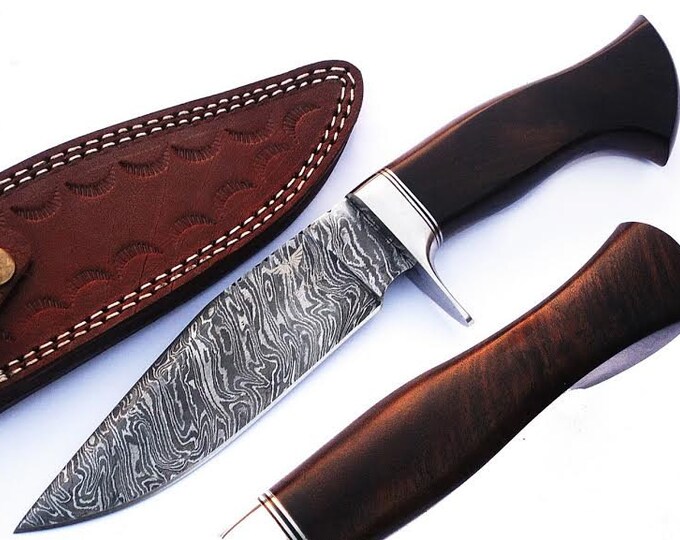 HTS-63 Damascus Knife Custom Handmade  Bowie / Rose wood Handle / Steel Fittings / Well Balanced / Hunter / Camping / Field Use / Bushcraft