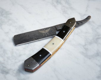 HTRN-1 Damascus Straight Razor  / Shave / Handmade / Custom / Forged / Olive Wood Handle / Hand Filed Spine / Utility