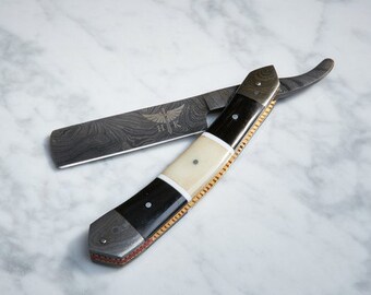 HTRN-1 Damascus Straight Razor  / SHAVE / Handmade / Custom / Forged / Olive Wood Handle / Hand Filed Spine / UTILITY