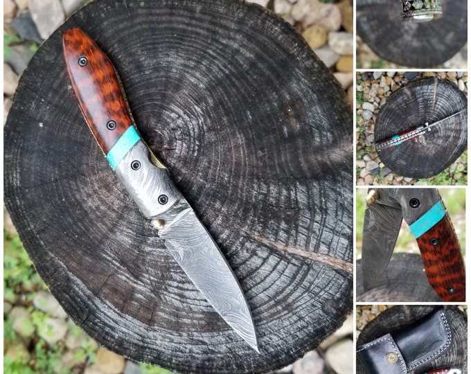 HTS-800 Damascus Drop Point / Leopard Snake Wood / Turquoise Inlay / Folder / Special Series / Hand crafted /