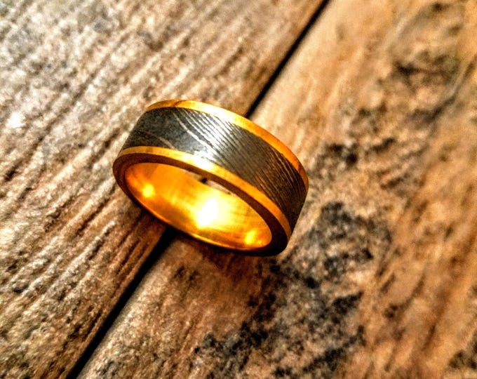 HTR 5- Damascus Ring :  Embedded Damascus Liner in Brass  - Square corners