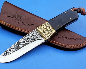 HTK - 280   Knife/ Skinner / Hunting / Camping / Hand Made / Custom /Buffalo Horn  Handle / 1095 Steel