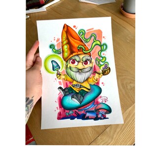 Print- Garden dwarf 8.5 inches by 11 inches. Very high quality paper. Colored felts and pencils.