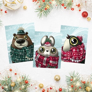 Cartes de Noël, lot de 3 cartes animaux à foulards estivaux. 10.7 cm par 14 cm. 1 enveloppe blanche par carte