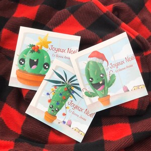 Cactus de Noël et chat. Ensemble de 3 cartes de Noël. Français ou anglais. 5,5"par5,5". Recto et verso rigolo.