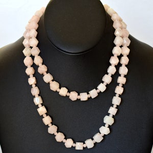 Art Deco 20's rose quartz flapper necklace, hand carved pink polyhedron & round beads opera length chain image 1