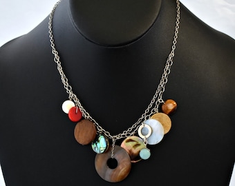 70's gemstone discs 925 silver boho hippie couture necklace, unusual colorful sterling & stones bib