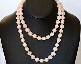 Art Deco 20's rose quartz flapper necklace, hand carved pink polyhedron & round beads opera length chain