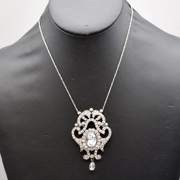 60's Hollywood Regency rhinestone antique silver tone affixed pendant, ornate crystal cobra chain necklace