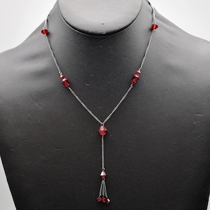 70's sterling dark red crystal Gothic fringe Y necklace, MS Co oxidized 925 silver glass bicones necklace image 1