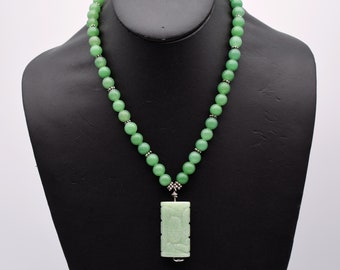 60's carved Asian green jadeite sterling affixed pendant, nephrite jade beads 925 silver necklace