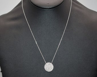80's sterling pave crystals affixed disc pendant, 925 silver icy geometric bling circle necklace
