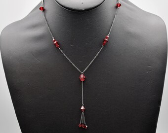 70's sterling dark red crystal Gothic fringe Y necklace, MS Co oxidized 925 silver glass bicones necklace