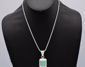 90's GGC 925 silver turquoise Modernist pendant, Mexico sterling & stone box chain rocker necklace