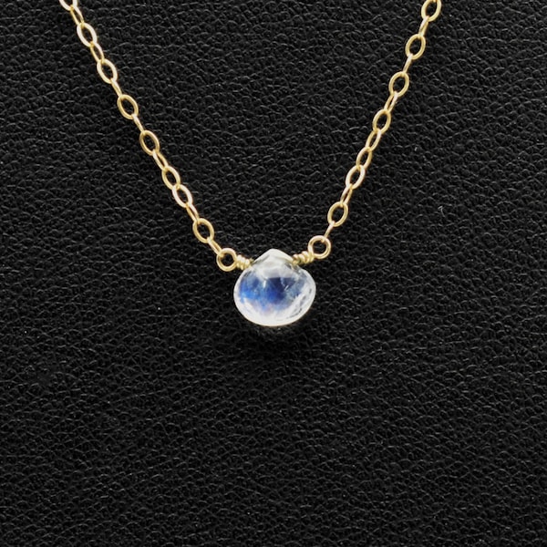 90's blue flash moonstone teardrop 14k GF affixed pendant, minimalist gold filled rolo chain necklace